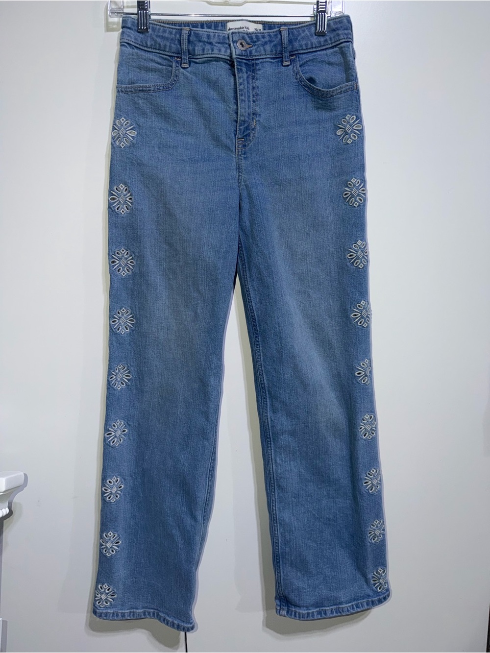 abercrombie kids Light Blue High Rise wide leg Jeans with Side Embroidery